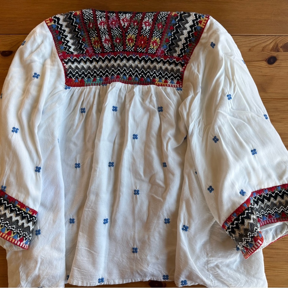 Rolla's White Embroidered Open Kimono Jacket with Multicolor Trim XS - Picture 2 of 10